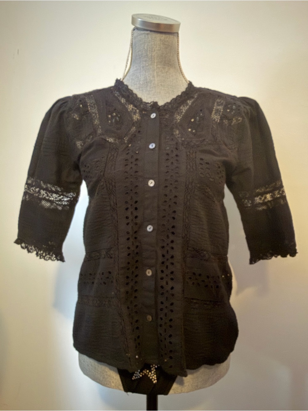 Black Eyelet Lace Button-Front Cotton Two Piece Blouse by Sundance